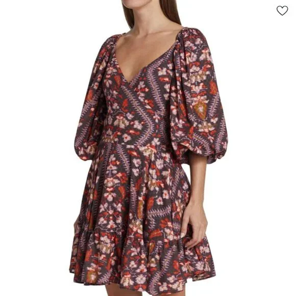 RHODE Darya Puff Sleeve Tiered Mini Dress in Plumeria Chocolate NWT - Picture 3 of 9